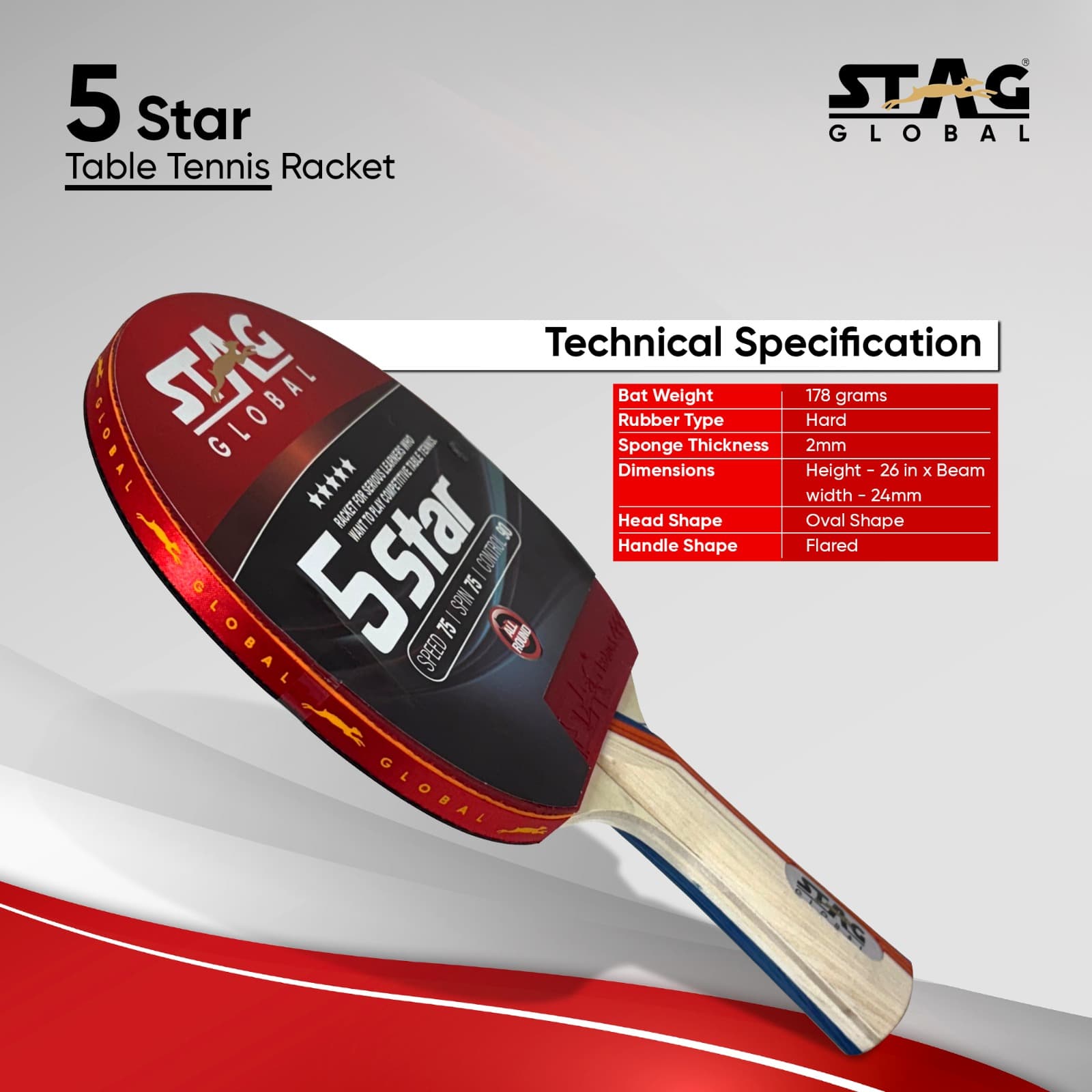STAG GLOBAL 5 Star Table Tennis (T.T) Racket | Premium ITTF Approved Rubber| Beginner-Intermediate Series T.T Racket