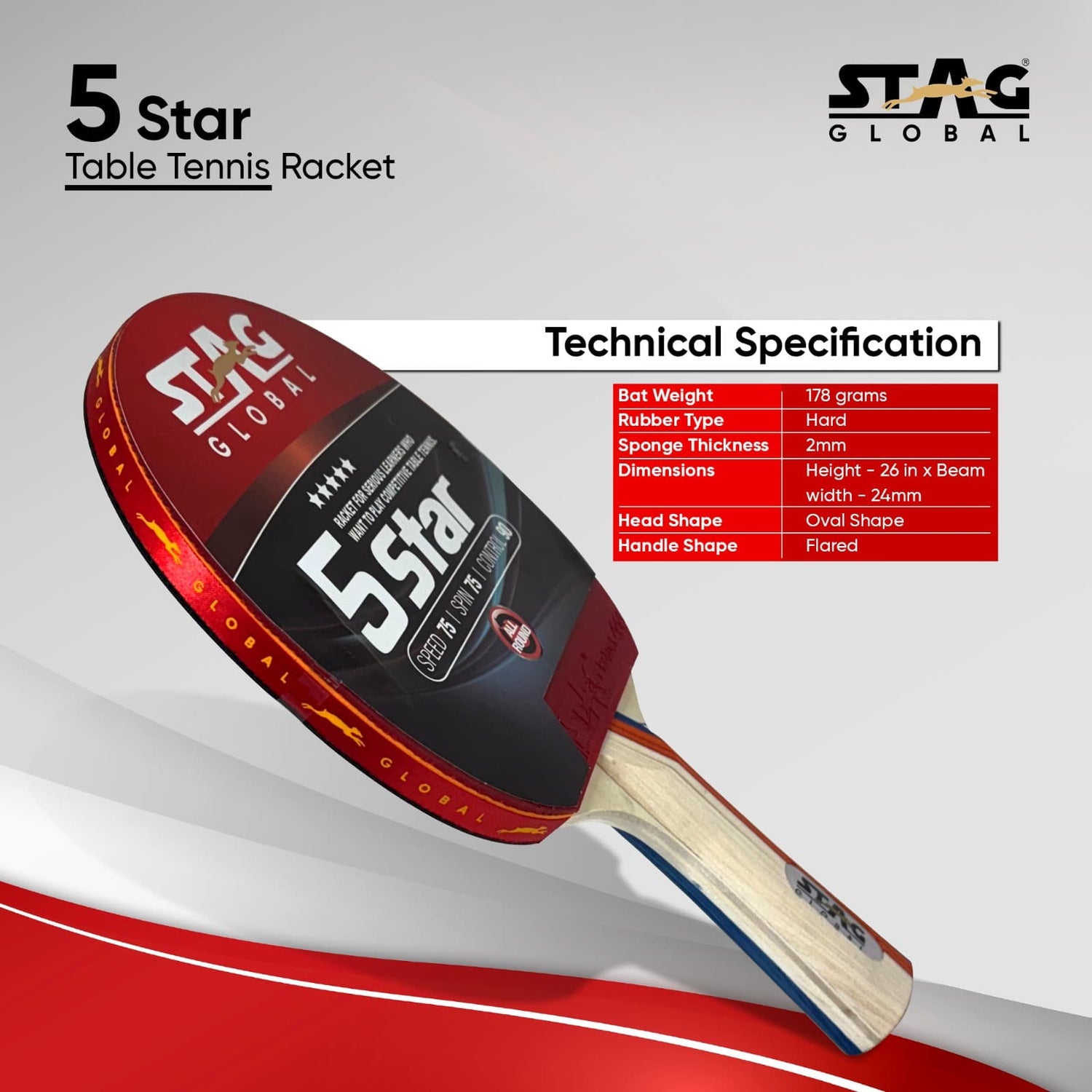 STAG GLOBAL 5 Star Table Tennis (T.T) Racket | Premium ITTF Approved Rubber| Beginner-Intermediate Series T.T Racket