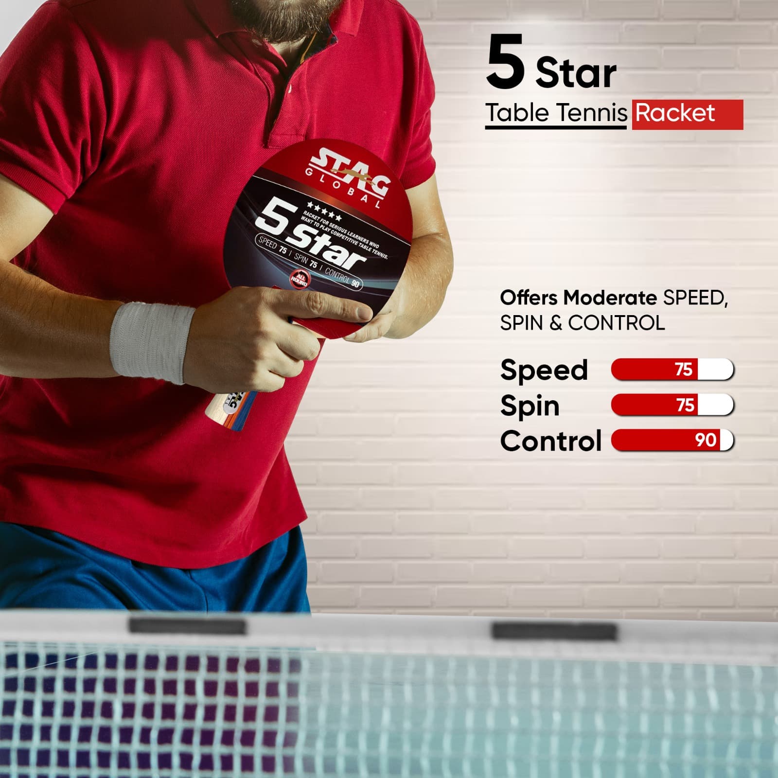 STAG GLOBAL 5 Star Table Tennis (T.T) Racket | Premium ITTF Approved Rubber| Beginner-Intermediate Series T.T Racket