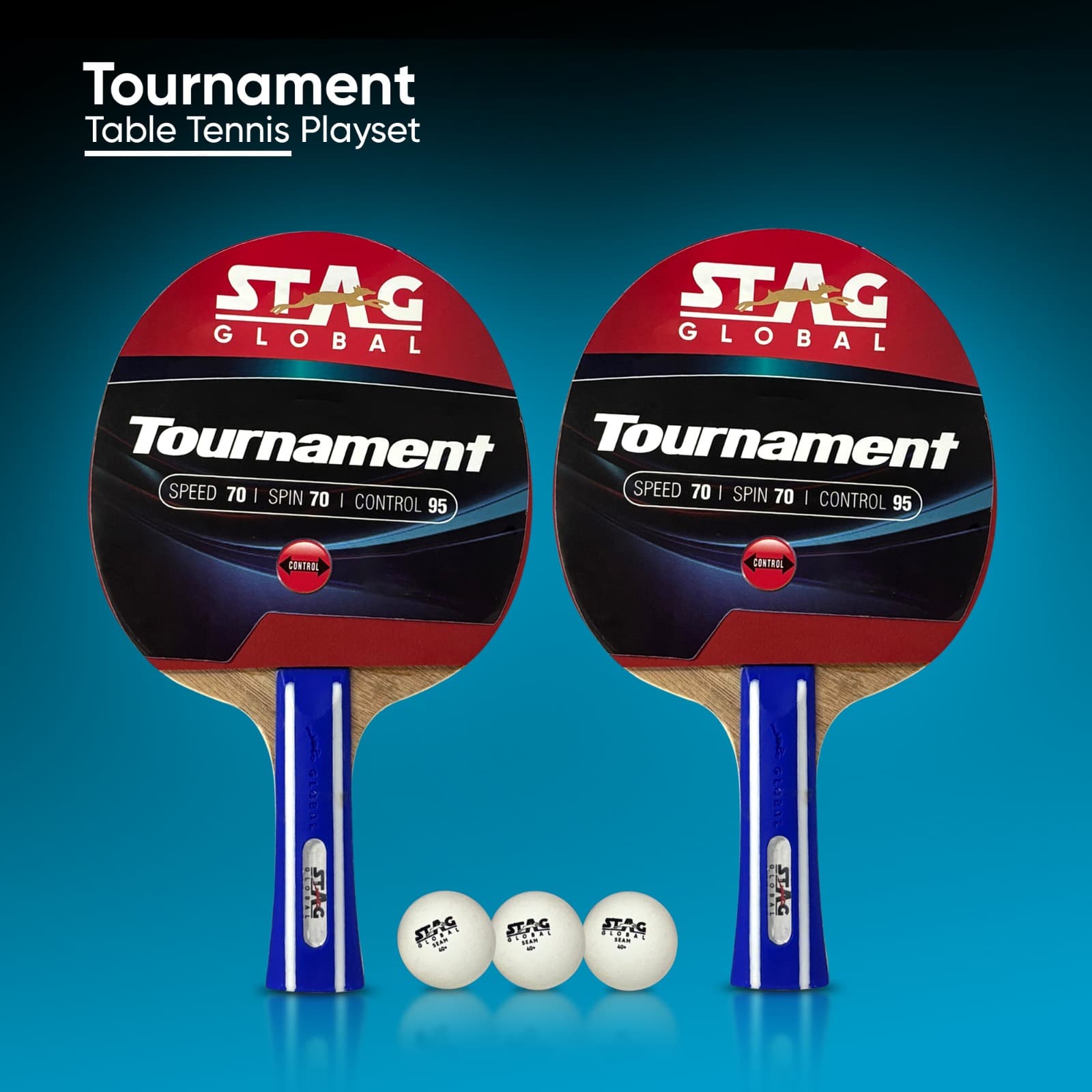 STAG GLOBAL Tournament Table Tennis Playset  With 2 Rackets | 3 Seam Balls | Speed 70 | Spin 70 | Control 95