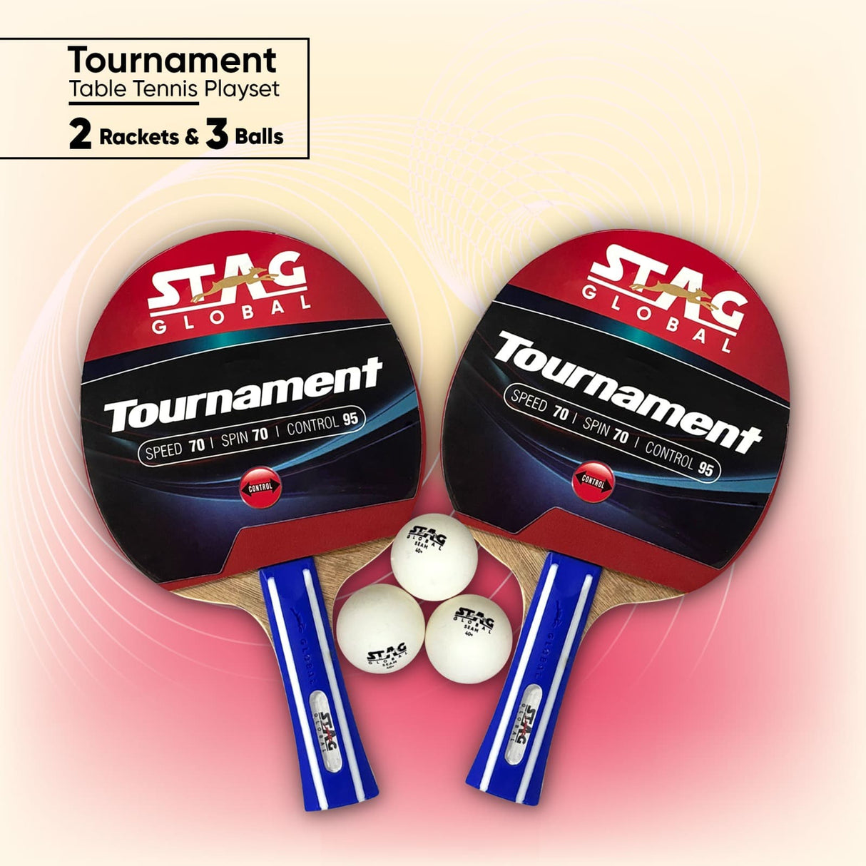 STAG GLOBAL Tournament Table Tennis Playset  With 2 Rackets | 3 Seam Balls | Speed 70 | Spin 70 | Control 95
