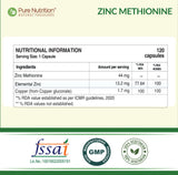 Zinc Methionine Veg Capsules  120 Count | High Absorption | Immunity & Skin