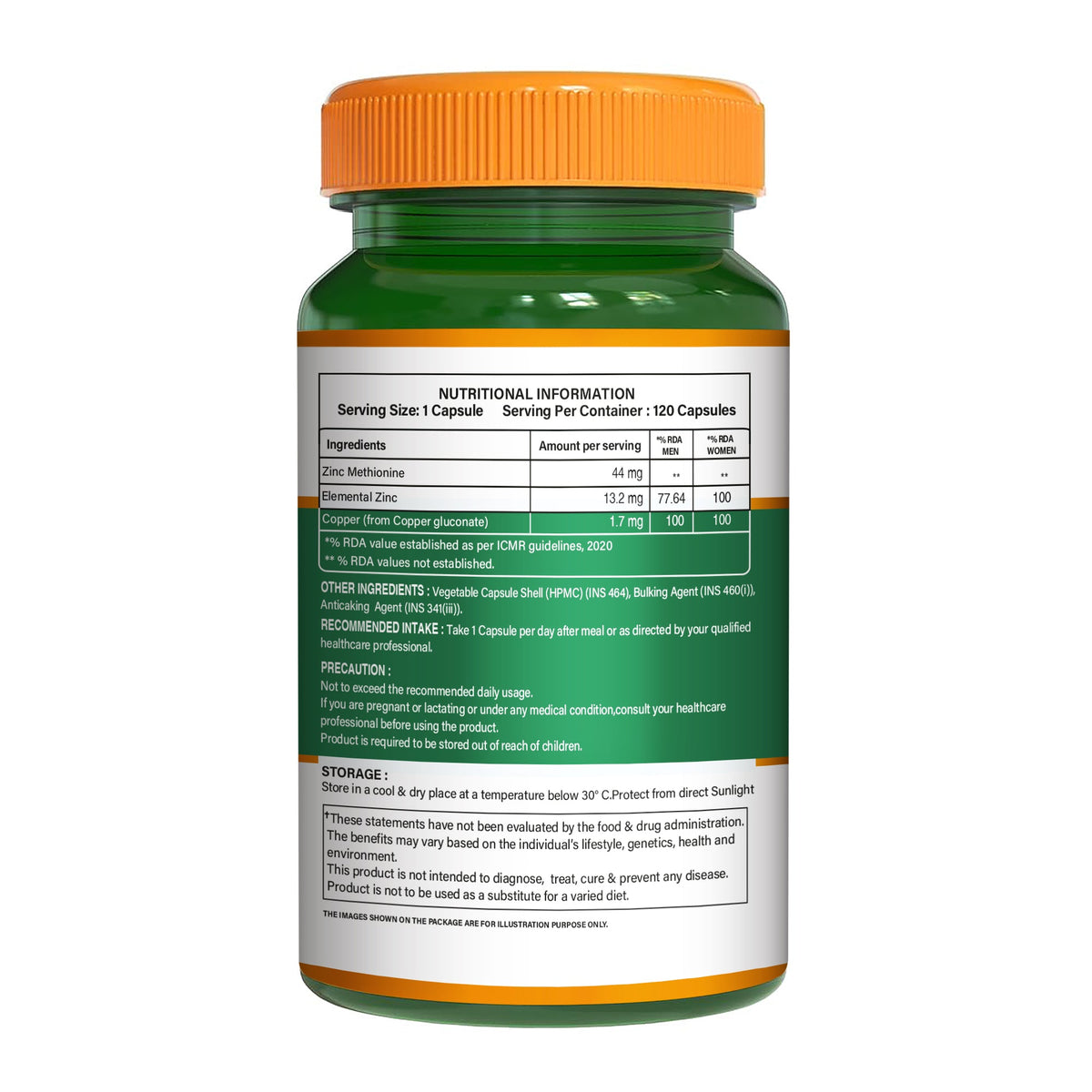 Zinc Methionine Veg Capsules  120 Count | High Absorption | Immunity & Skin