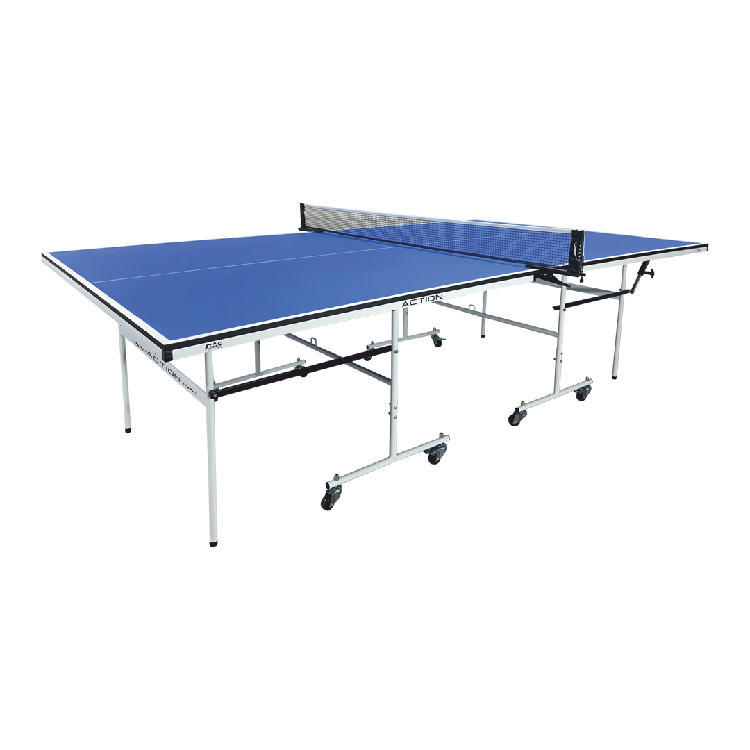 STAG GLOBAL Action Table Tennis Table Blue Top ,Thickness 16mm with 1 Table Cover, 2 TT Rackets, 6 Balls, 1 Clamp Net