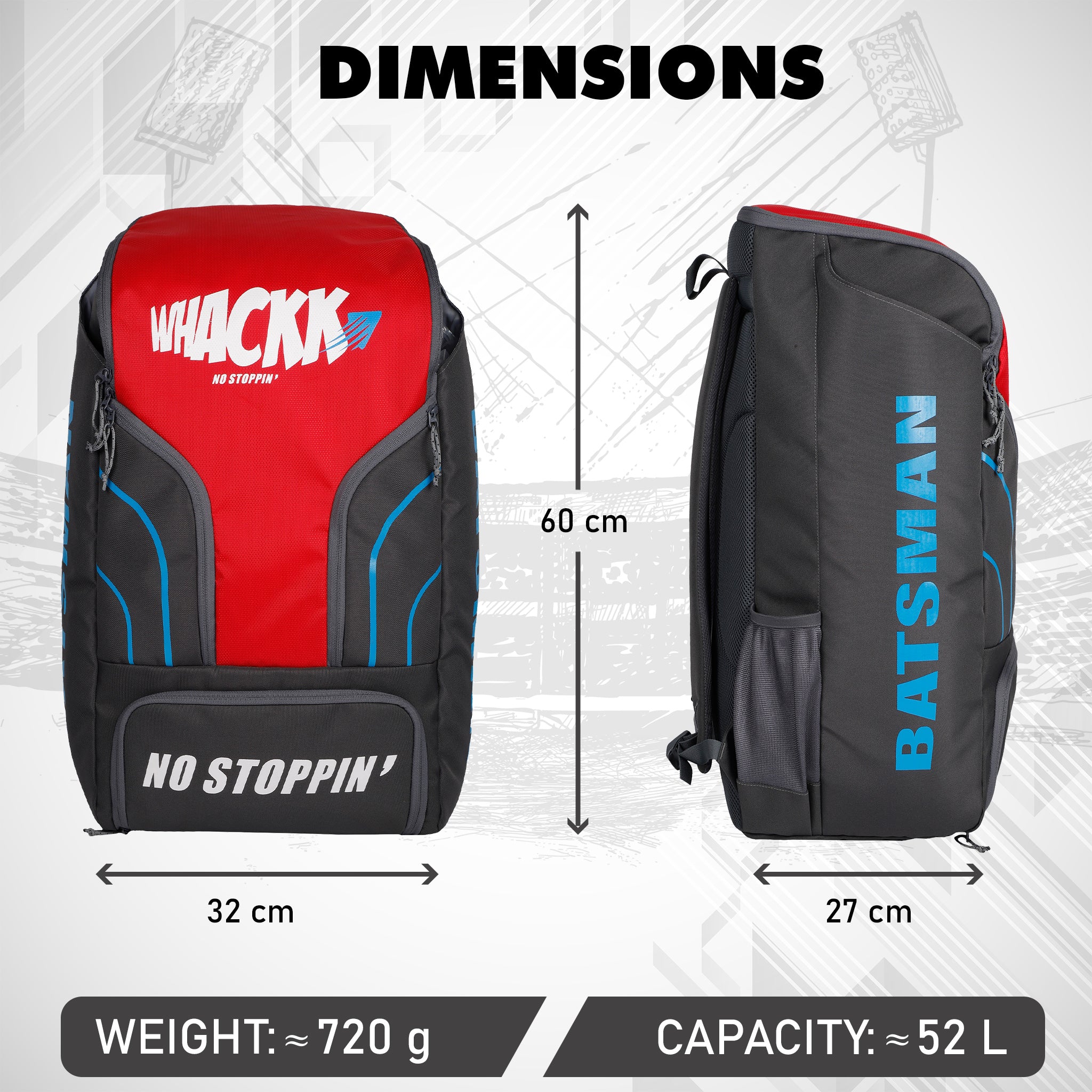 Batsman Grey Red Cricket|Cricket Kit Bag Backpack |Juniour & Youth Kitbag |Player Edition 2 Bat Pockets Shoe Pocket |Big Main Comp. Fits 15.5 inch Leg Pad|2 Bottle Holders