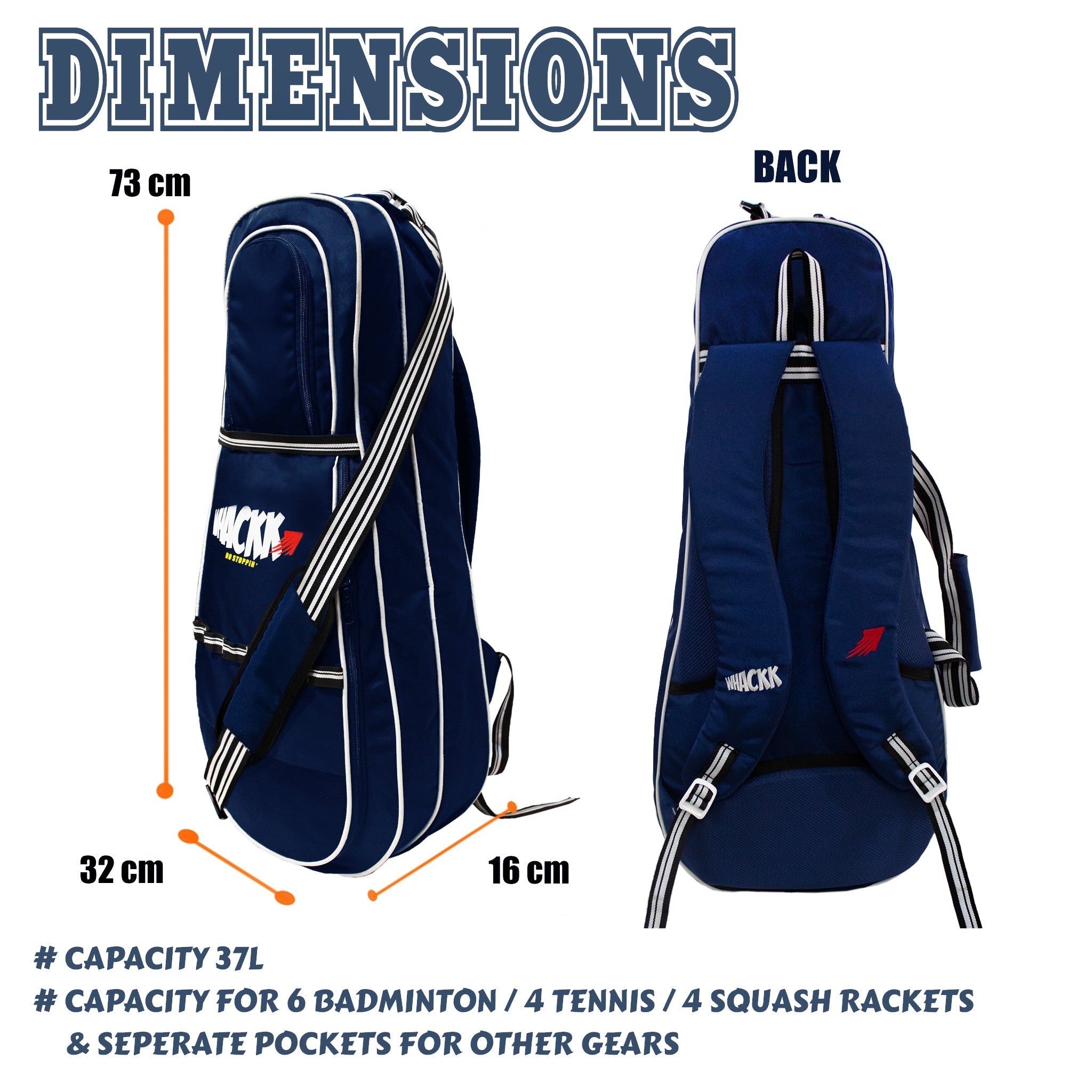 Smash 37L Navy| Unisex Lightweight Tennis Badminton Squash Equipment Cover Kit Bag Shoe Pocket | Air Ventilated Pocket for Wet Clothes | 4T 6B Racket | Backpack & Duffel