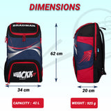 Bradman Blue Red Cricket Kitbag for Youth |Player Edition 2 Bat Pocket Shoe Pocket |Big Main Comp Fit 15.5 inch Leg Pad |Bottle Holders |Easy Access Pocket