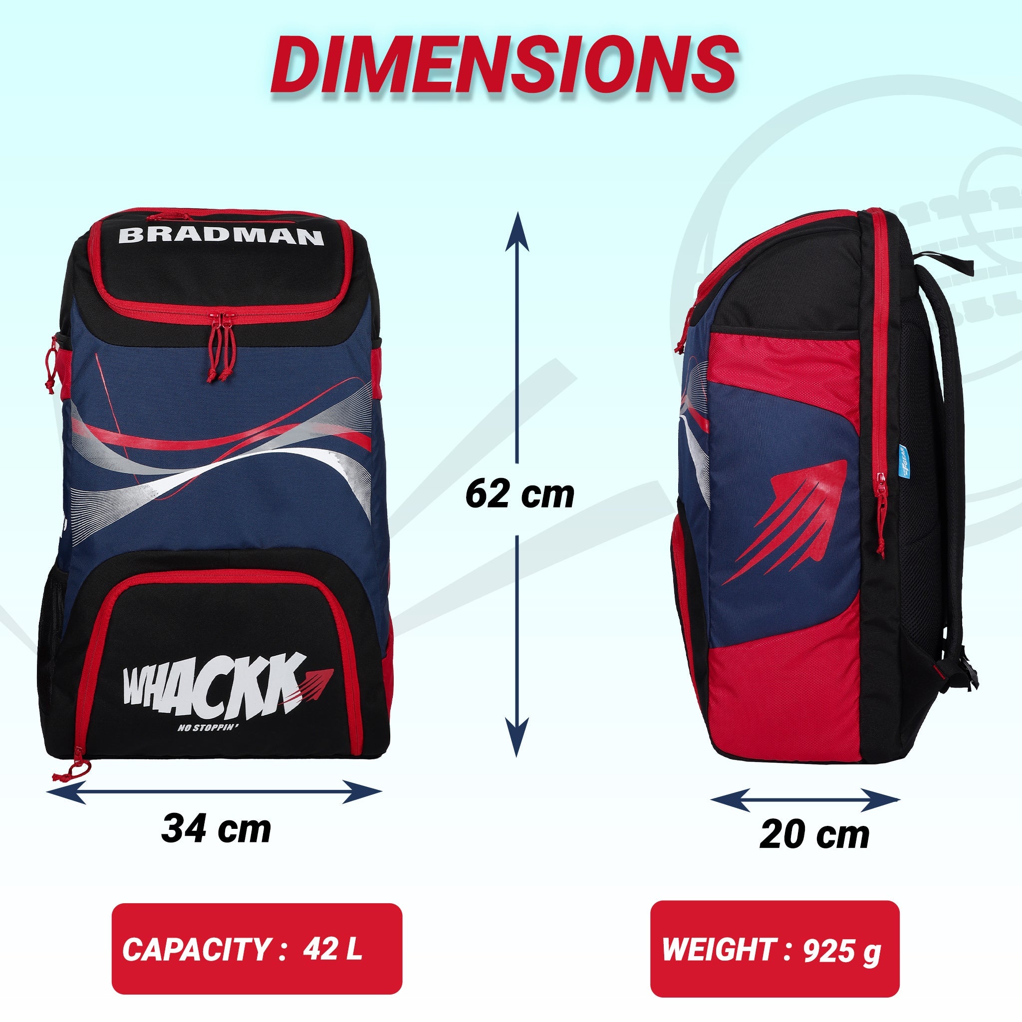 Bradman Blue Red Cricket Kitbag for Youth |Player Edition 2 Bat Pocket Shoe Pocket |Big Main Comp Fit 15.5 inch Leg Pad |Bottle Holders |Easy Access Pocket
