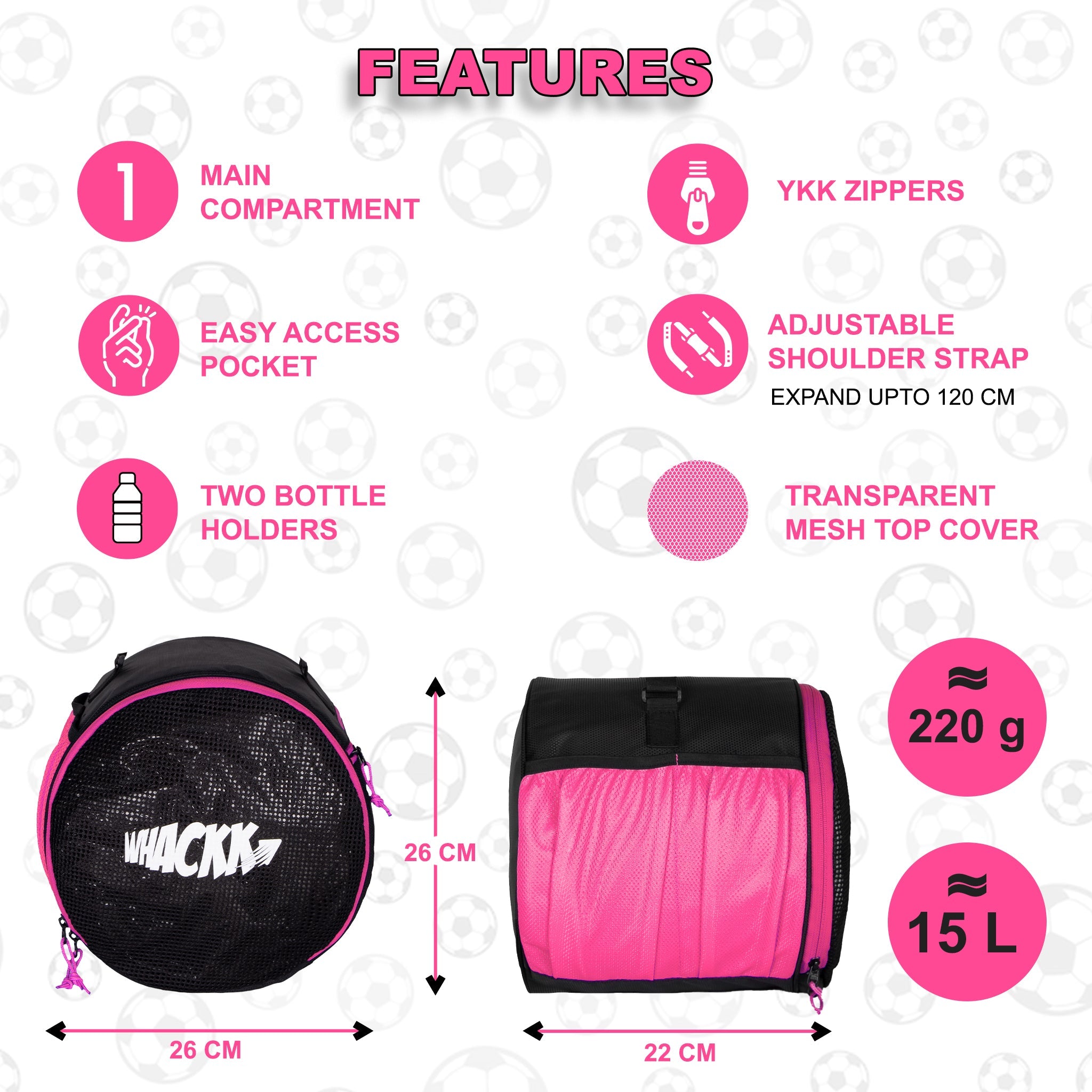 Kick Soccer Pink Black Football Equipment Bags|Basketball Volleyball Bags |Adjustable Strap Backpack |Easy Access Pocket Mesh Bottle Holders | Ball Bag |Kitbag |Bag
