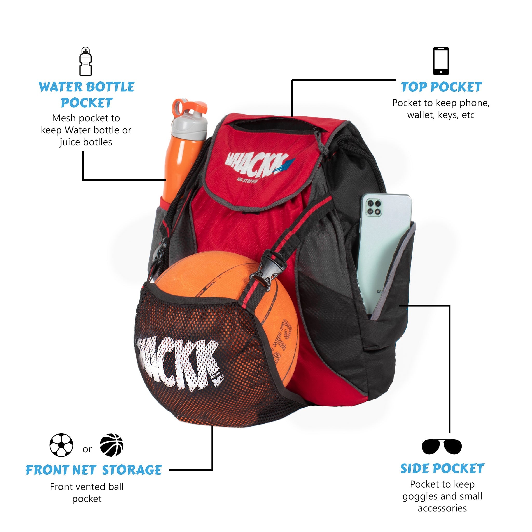 Storm Soccer Red Black Football Equipment Bag | Sports Men Boys Drawstring Backpack | Mobile Bottle Holder Pocket | Gym Bag