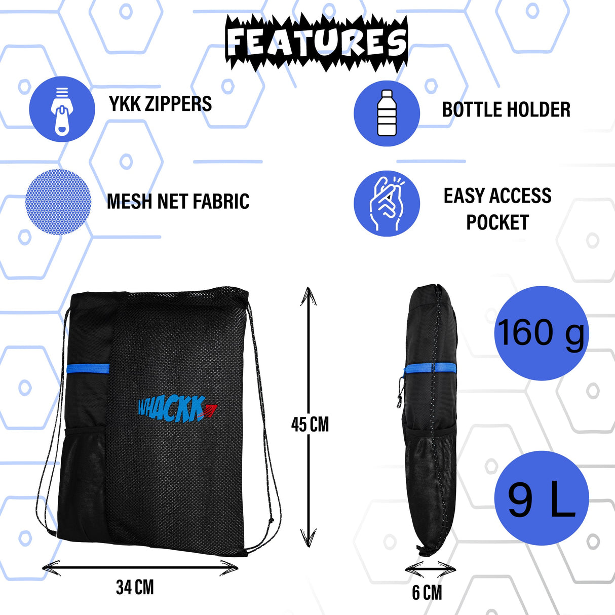 Joss 9L Black |Sports Bag|Swimming Equipment Bags|Netball Bags|Dry Bags|Drawstring Bag for Shoes & Clothes|Sports Gear|Accessory Pocket |Gym Bag |Tuition Bag|1 Bottle Holder