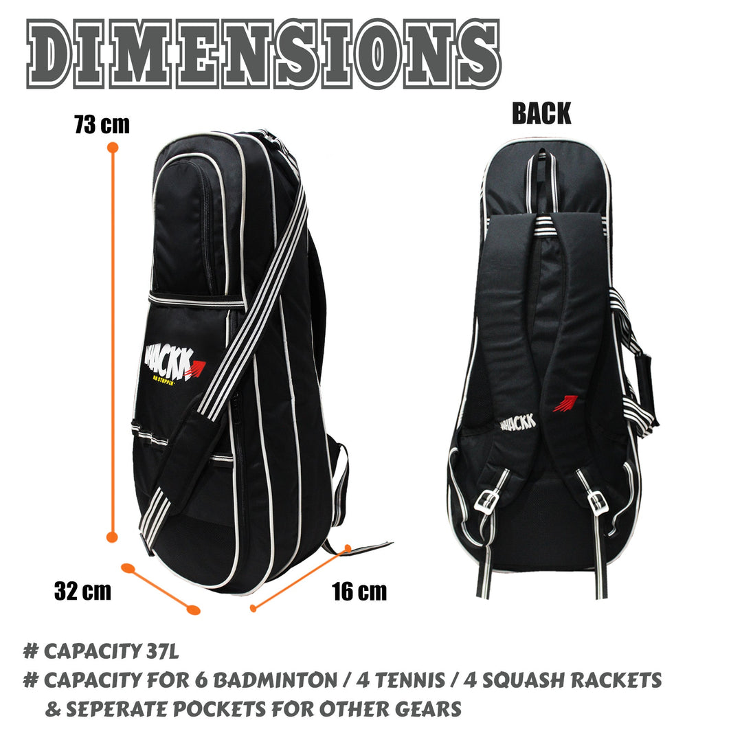 Smash 37L Black | Unisex Lightwieght Tennis Badminton Squash Equipment Cover Kit Bag Shoe Pocket | Air Ventilated Pocket for Wet Clothes | 4T 6B Racket | Backpack & Duffel