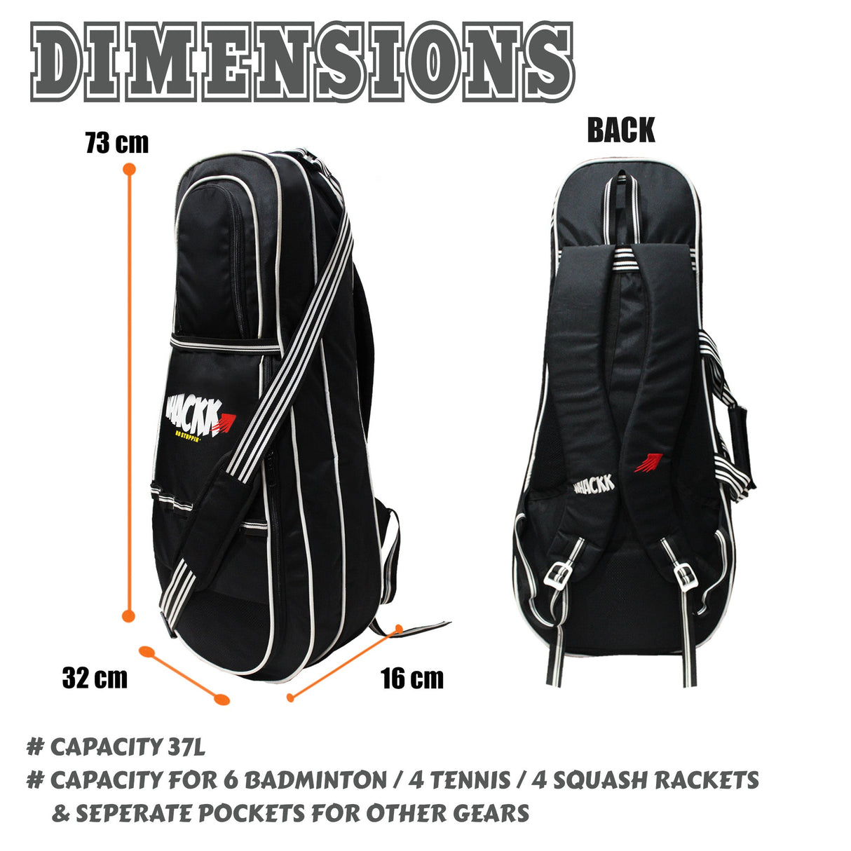 Smash 37L Black | Unisex Lightwieght Tennis Badminton Squash Equipment Cover Kit Bag Shoe Pocket | Air Ventilated Pocket for Wet Clothes | 4T 6B Racket | Backpack & Duffel