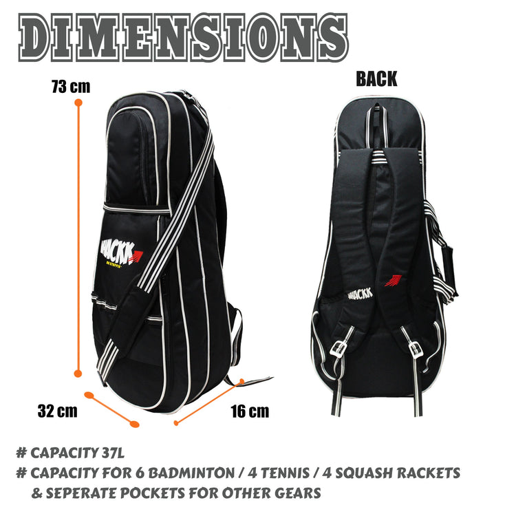 Smash 37L Black | Unisex Lightwieght Tennis Badminton Squash Equipment Cover Kit Bag Shoe Pocket | Air Ventilated Pocket for Wet Clothes | 4T 6B Racket | Backpack & Duffel