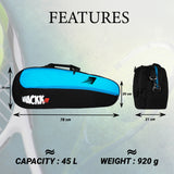 Birdie 45L Black Blue| Unisex Lightweight Tennis Badminton Squash Equipment Cover Kit Bag Shoe Pocket | Air Ventilated Pocket for Wet Clothes | 4T 6B Racket | Backpack & Duffel