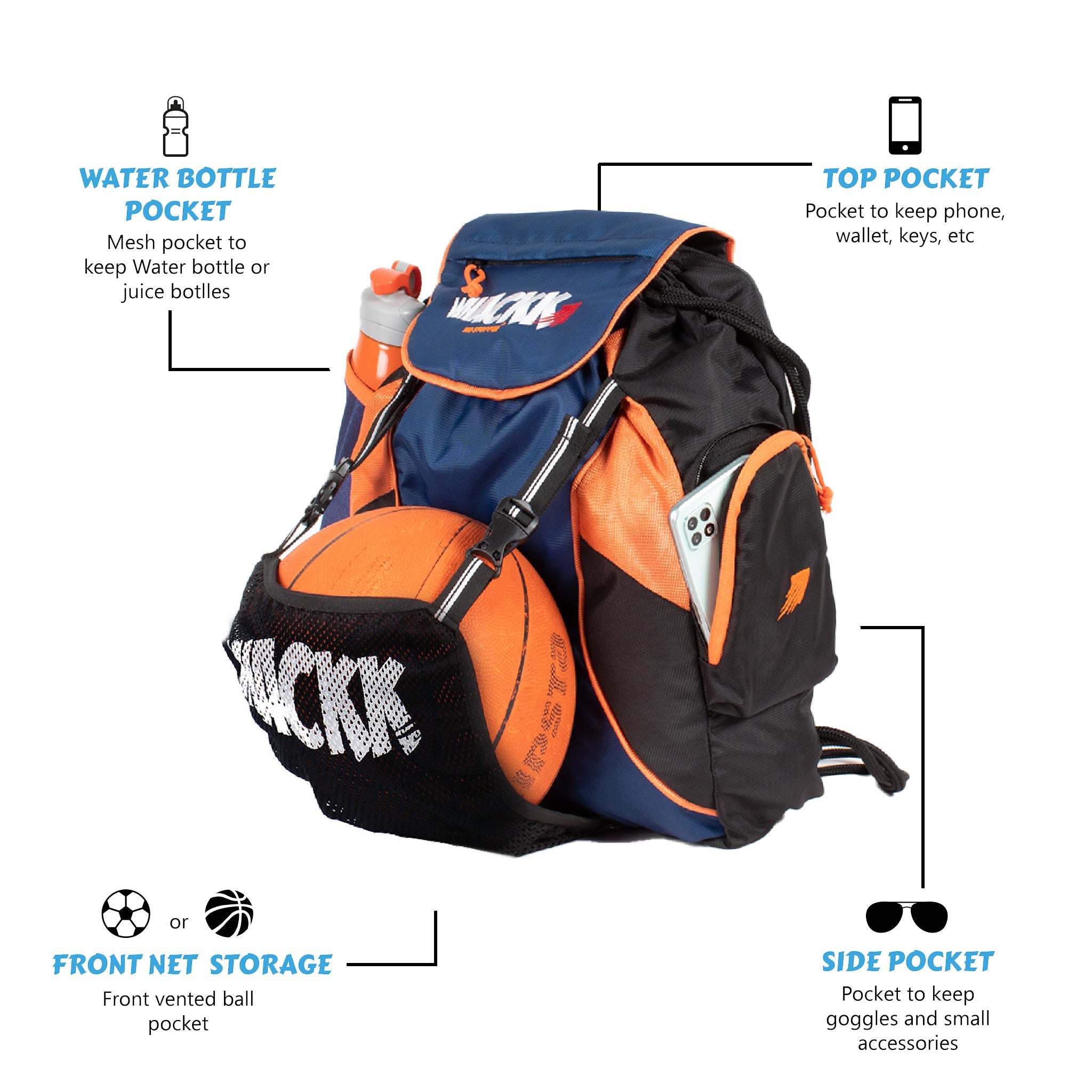 Storm Soccer Navy Orange Football Equipment Bag | Sports Men Boys Drawstring Backpack | Mobile Bottle Holder Pocket | Gym Bag