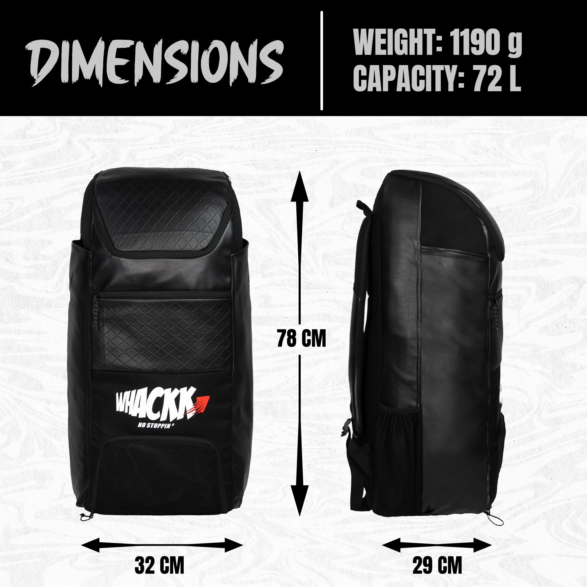 Lara Blk 72L | Premium Artificial Vegan Faux Leather Cricket Backpack|KitBag|Adult Size|2 Bat Pocket|Shoe/Helmet Pocket|Fit 18" Leg Pad 2 Bottle Holder|Easy Access|Player Senior,Black