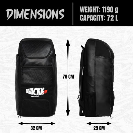 Lara Blk 72L | Premium Artificial Vegan Faux Leather Cricket Backpack|KitBag|Adult Size|2 Bat Pocket|Shoe/Helmet Pocket|Fit 18" Leg Pad 2 Bottle Holder|Easy Access|Player Senior,Black