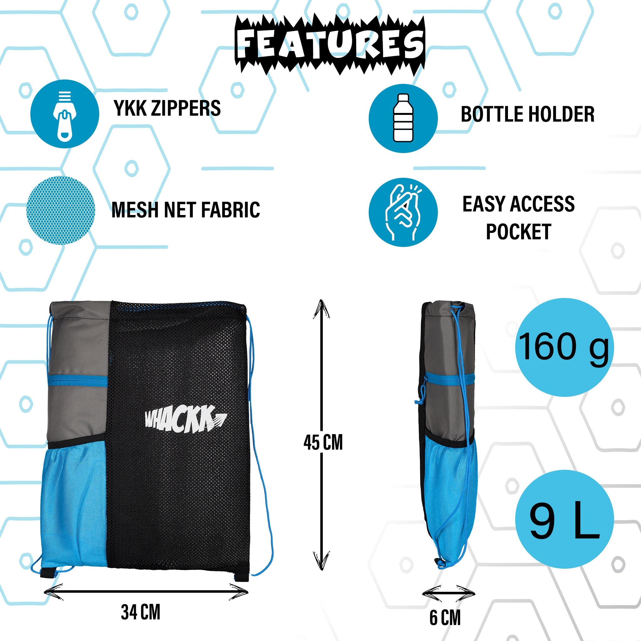 Joss Blue Grey 9L|Sports Bag|Swimming Equipment Bags|Netball Bags|Dry Bags|Drawstring Bag for Shoes & Clothes|Sports Gear|Accessory Pocket |Gym Bag |Tuition Bag|1 Bottle Holder