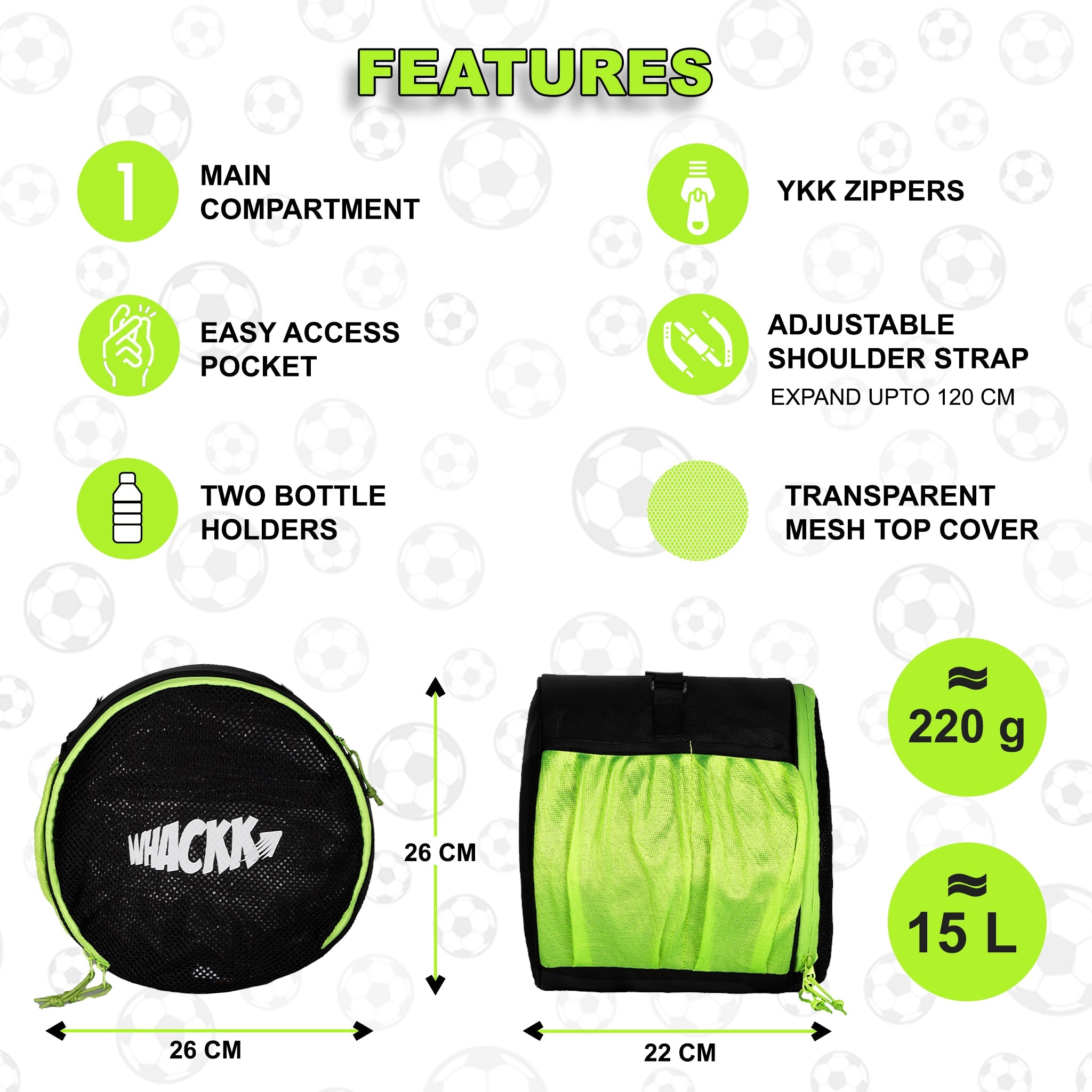 Kick Soccer Green Black Football Equipment Bags|Basketball Volleyball Bags |Adjustable Strap Backpack |Easy Access Pocket Mesh Bottle Holders | Ball Bag |Kitbag |Bag