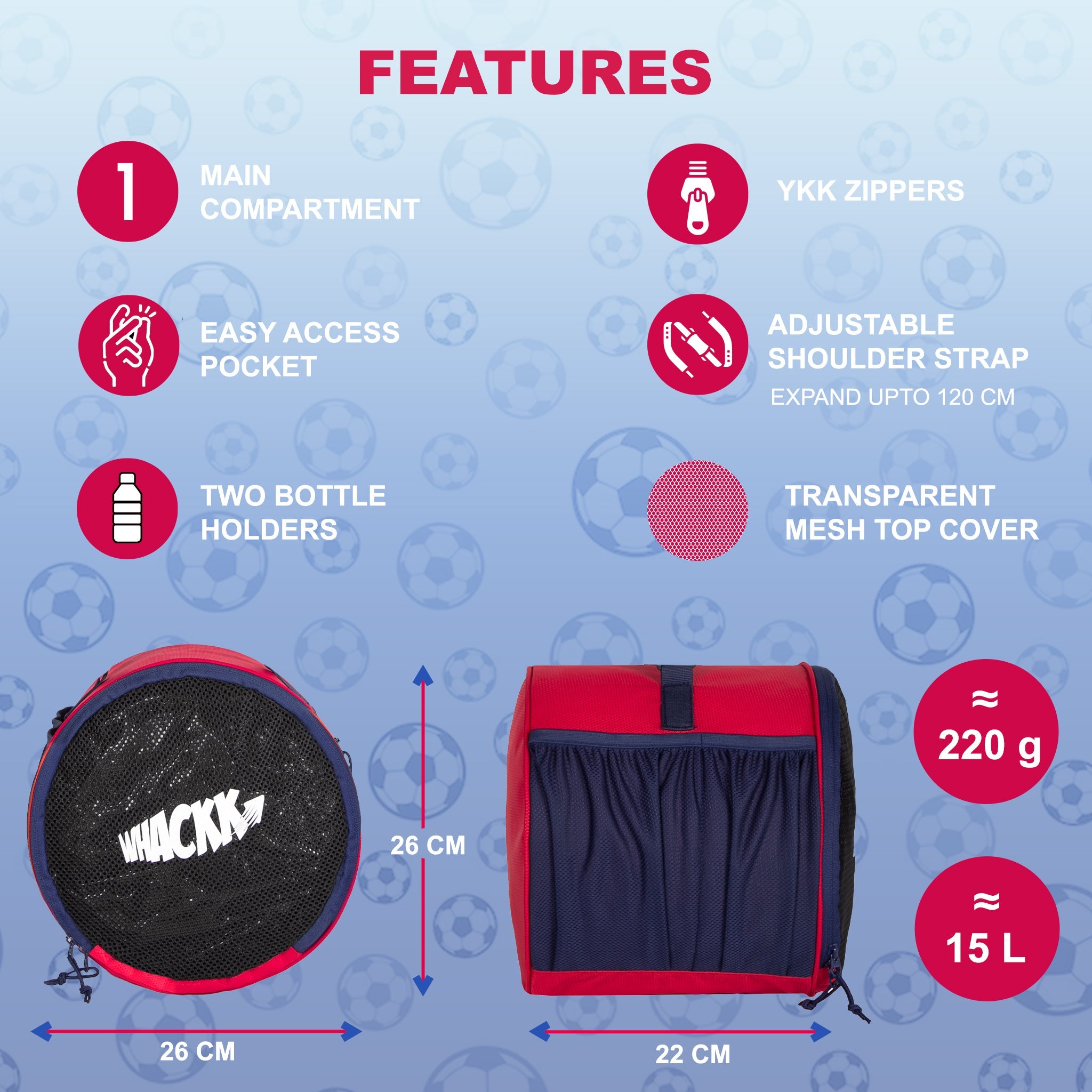 Kick Soccer Red Navy Football Equipment Bags|Basketball Volleyball Bags |Adjustable Strap Backpack |Easy Access Pocket Mesh Bottle Holders | Ball Bag |Kitbag |Bag