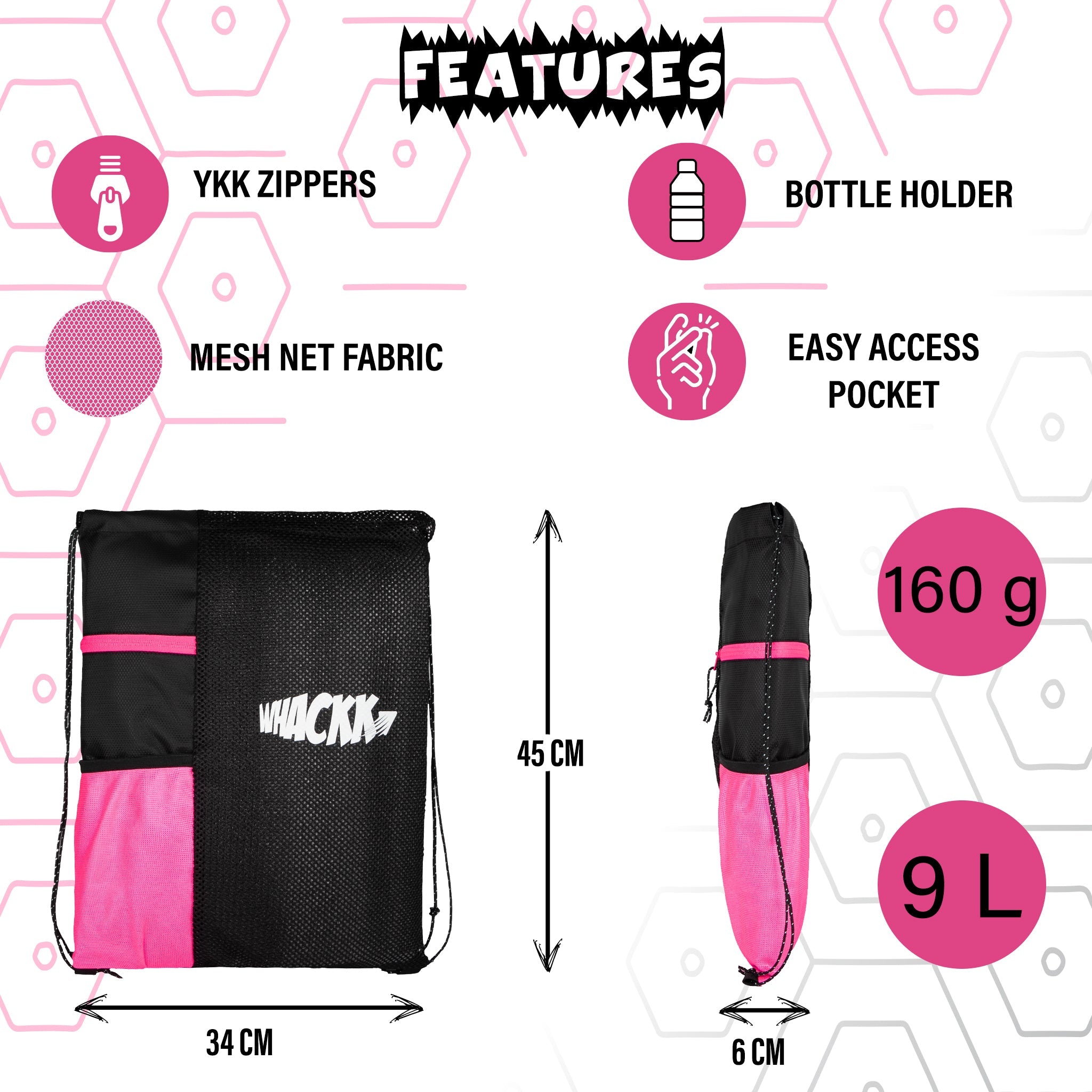 Joss 9L Pink Grey |Sports Bag|Swimming Equipment Bags|Netball Bags|Dry Bags|Drawstring Bag for Shoes & Clothes|Sports Gear|Accessory Pocket |Gym Bag |Tuition Bag|1 Bottle Holder