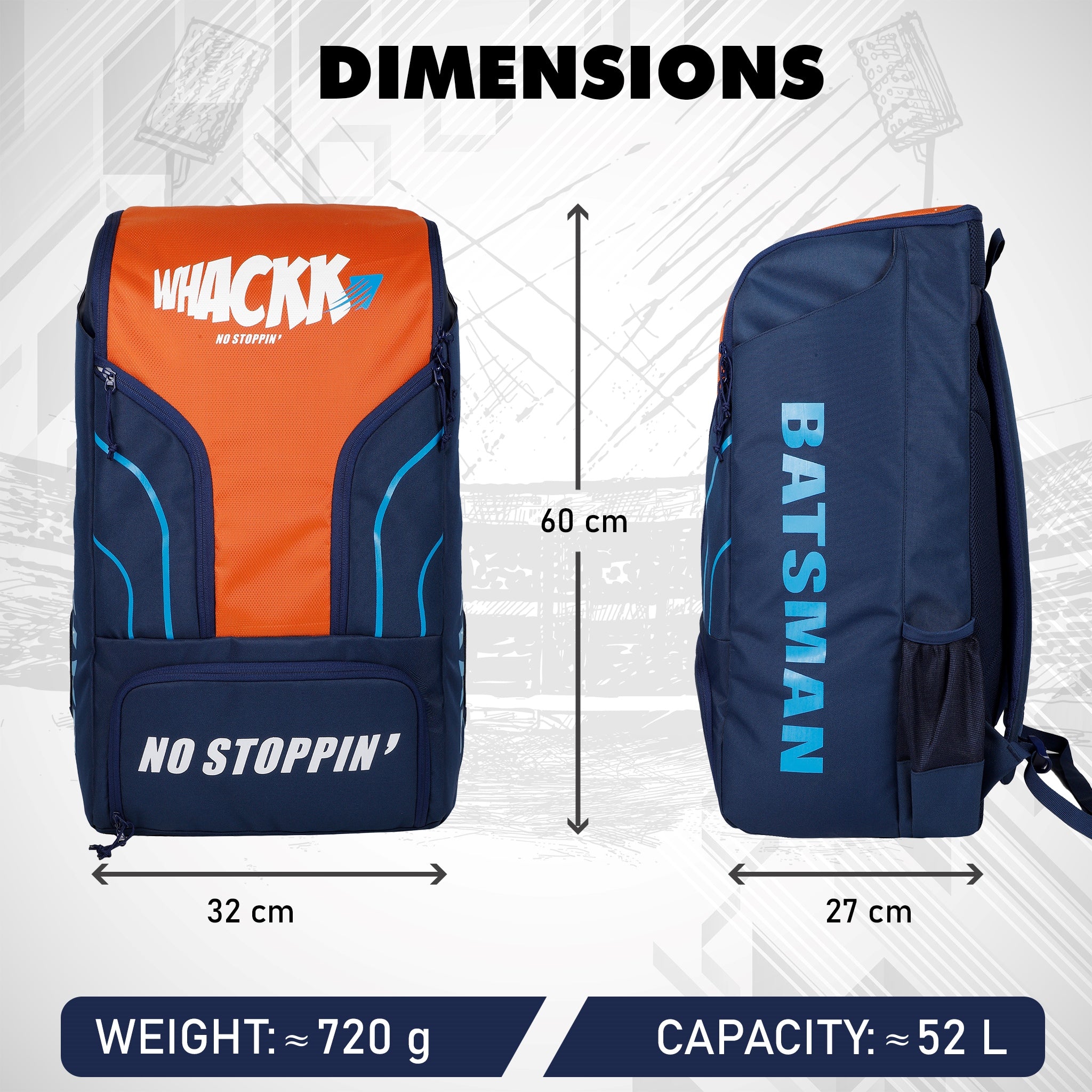 Batsman Navy Orange Cricket Kit Bag Backpack |Juniour & Youth Kitbag |Player Edition 2 Bat Pockets Shoe Pocket |Big Main Comp. Fits 15.5 inch Leg Pad|2 Bottle Holders