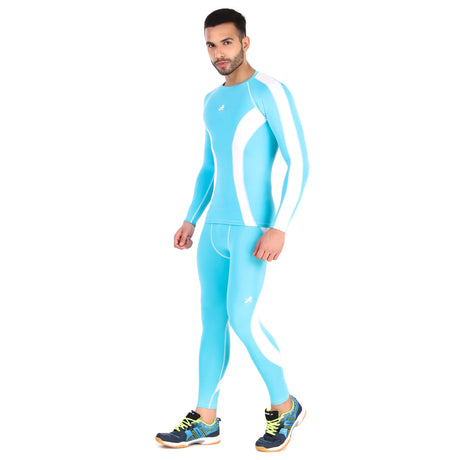 Men's Polyester Compression Tshirt Full Sleeve Tights (Aqua/White)