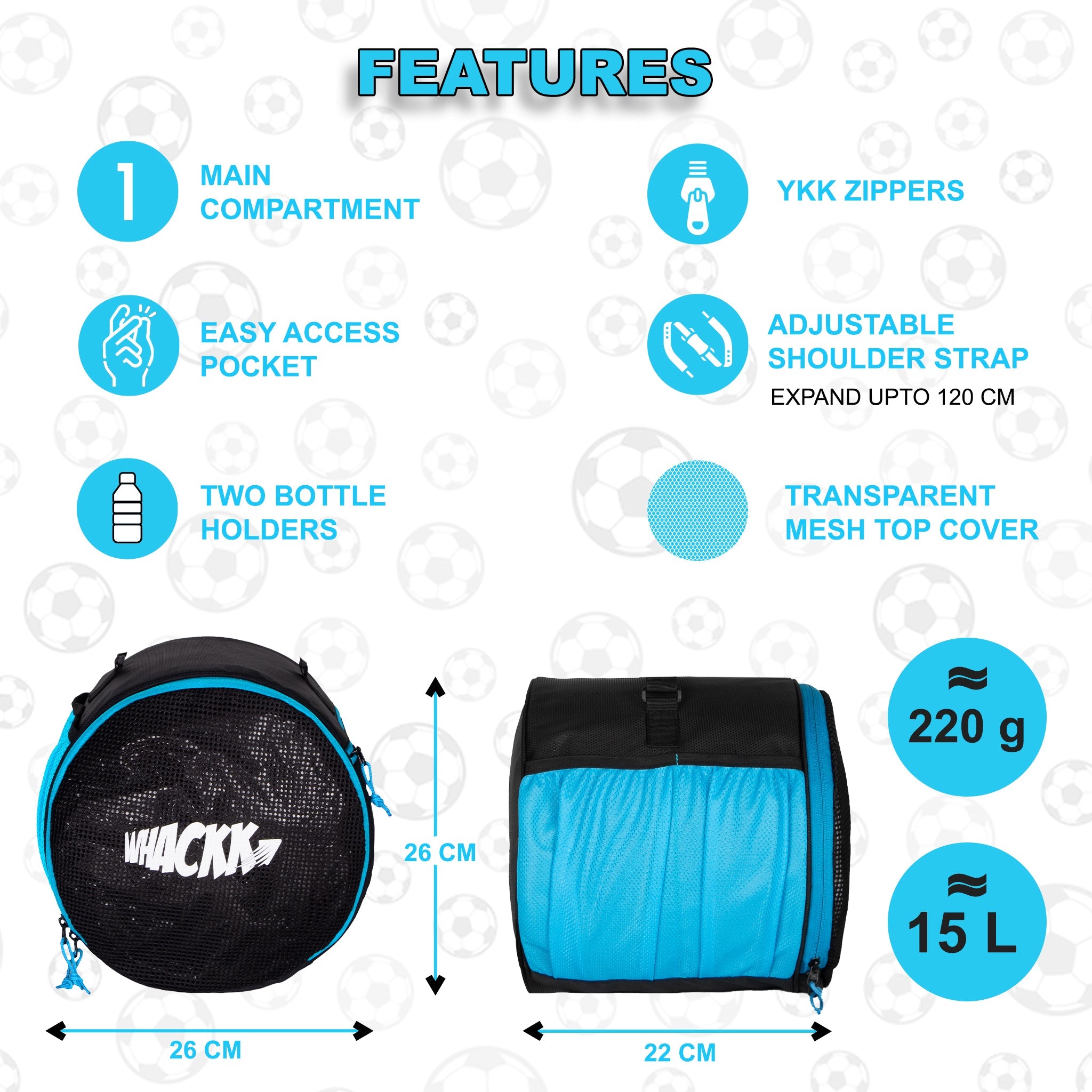 Kick Soccer Blue Black Football Equipment Bags|Basketball Volleyball Bags |Adjustable Strap Backpack |Easy Access Pocket Mesh Bottle Holders | Ball Bag |Kitbag |Bag