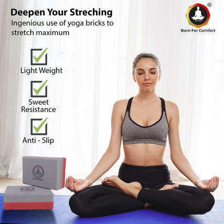 Vedam High Density EVA Foam Yoga Block Set of 2 For Men & Women (Red/Grey) | Industrial