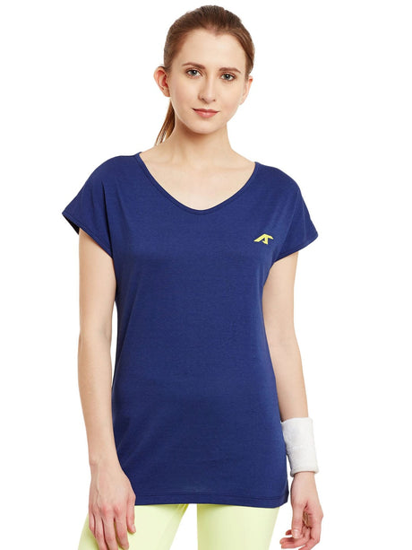 Alcis Women Blue Core Response Solid V-Neck T-shirt | Alcis