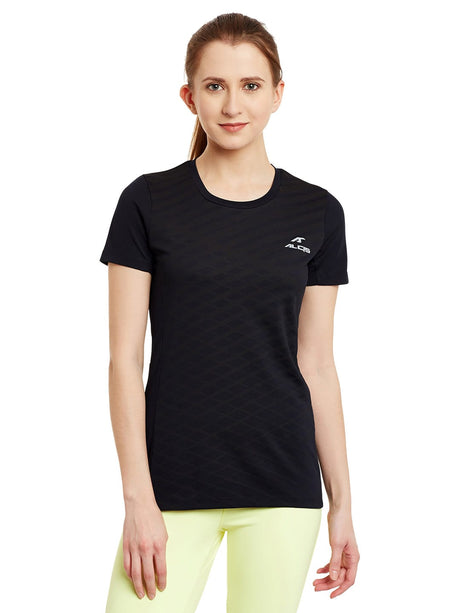 Alcis Women Black Self-Design Round Neck DIGI Wave T-shirt | Alcis