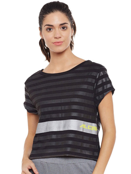 Alcis Women Black Striped Round Neck Sports T-shirt AKTRWTE1180303 | Alcis