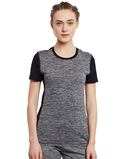 Alcis Women Grey Melange Black Tech Solid Slim Round Neck Training T-shirt | Alcis