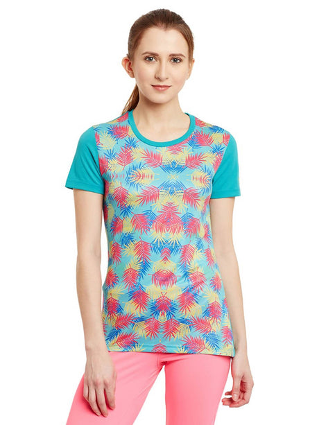 Alcis Women Blue Printed Round Neck YOGA FLOW AND GO T-shirt | Alcis
