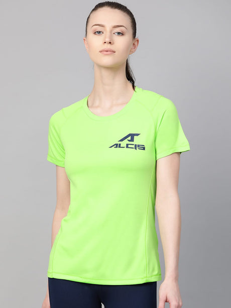 Alcis Women Fluorescent Green Navy Blue Printed Back Round Neck T-shirt | Alcis