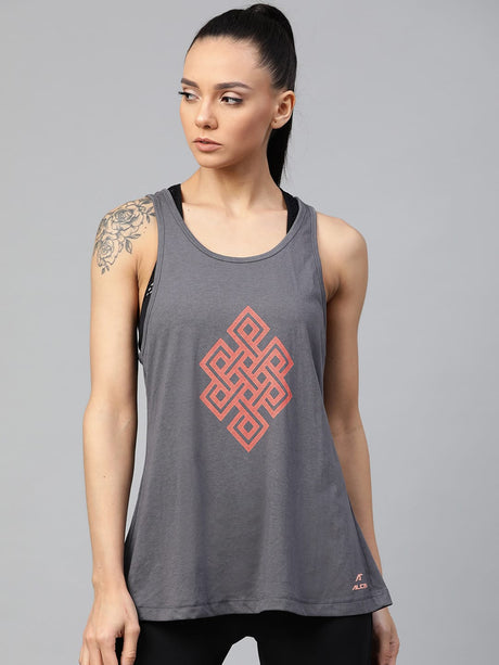 Alcis Women Charcoal Grey & Coral Orange Printed Styled Back Top | Alcis