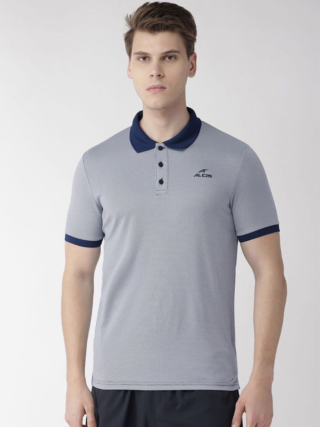 Alcis Men Navy Blue White Slim Fit Self Design Polo Collar T-shirt