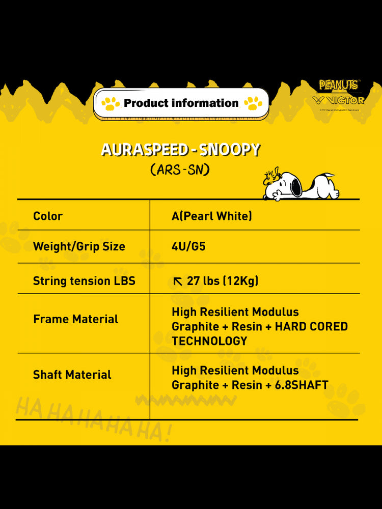 Victor X Peanuts Snoopy Auraspeed SN Unstrung [White] ARS-SN A Unstrung Professional Badminton Racket