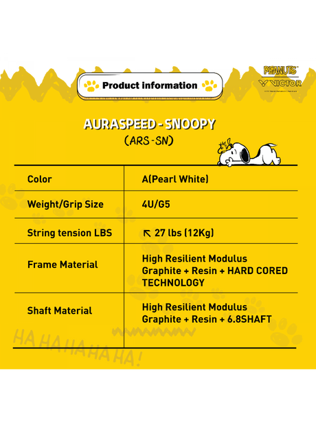 Victor X Peanuts Snoopy Auraspeed SN Unstrung [White] ARS-SN A Unstrung Professional Badminton Racket