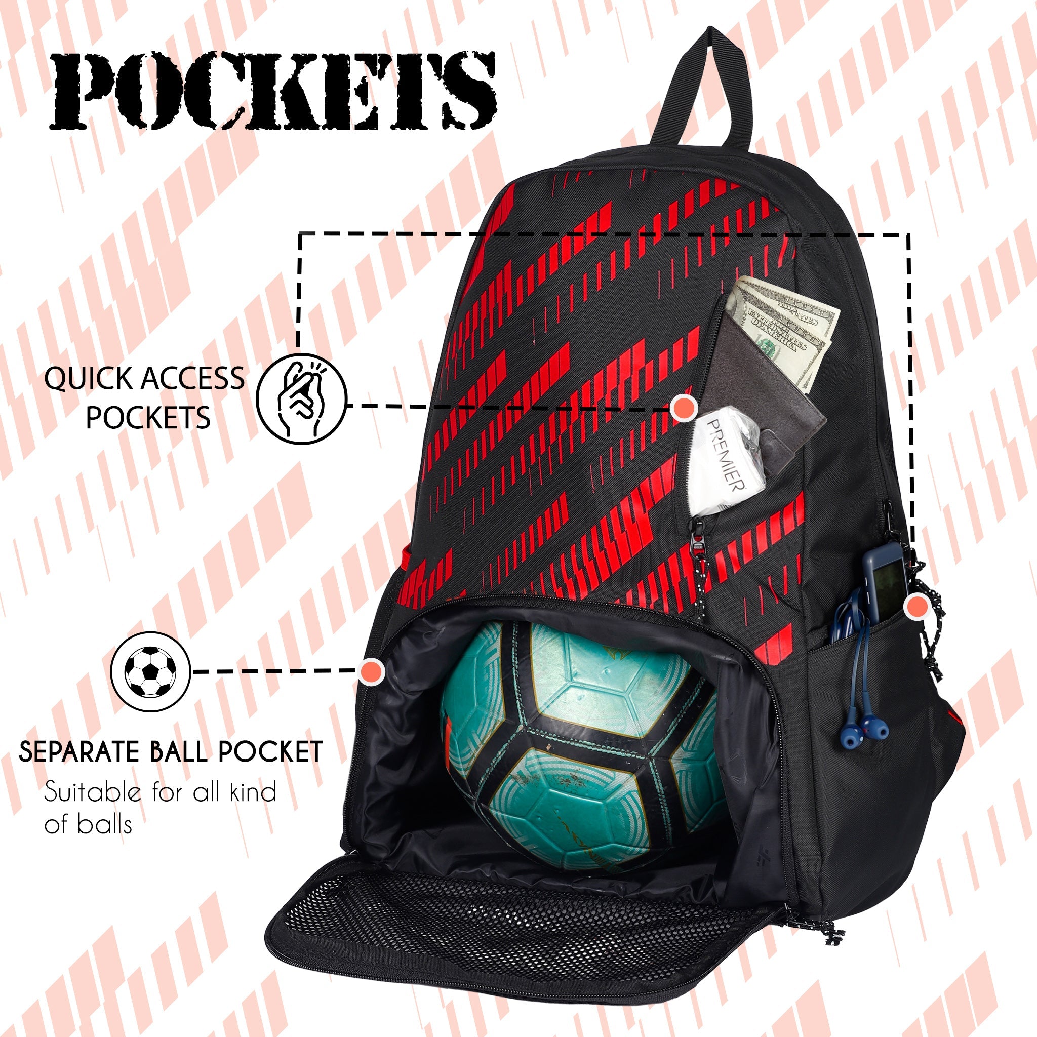 Thunderbolt 28L Red |Football Basketball Volleyball Equipment Backpack Bag|Kit Bag|Soccer Bag|Boys Kids Adult Men|Mesh Shoe or Ball Pocket|Bottle Holder| Easy Access Pocket