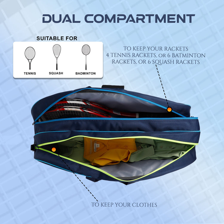 Rally Blue Navy |Unisex Lightweight Stylish Tennis Badminton Squash Shuttle Equipment Kit Cover Bag |2 Spacious Compartments|Backpack & Duffel Racket Tennis-4 Badminton-6