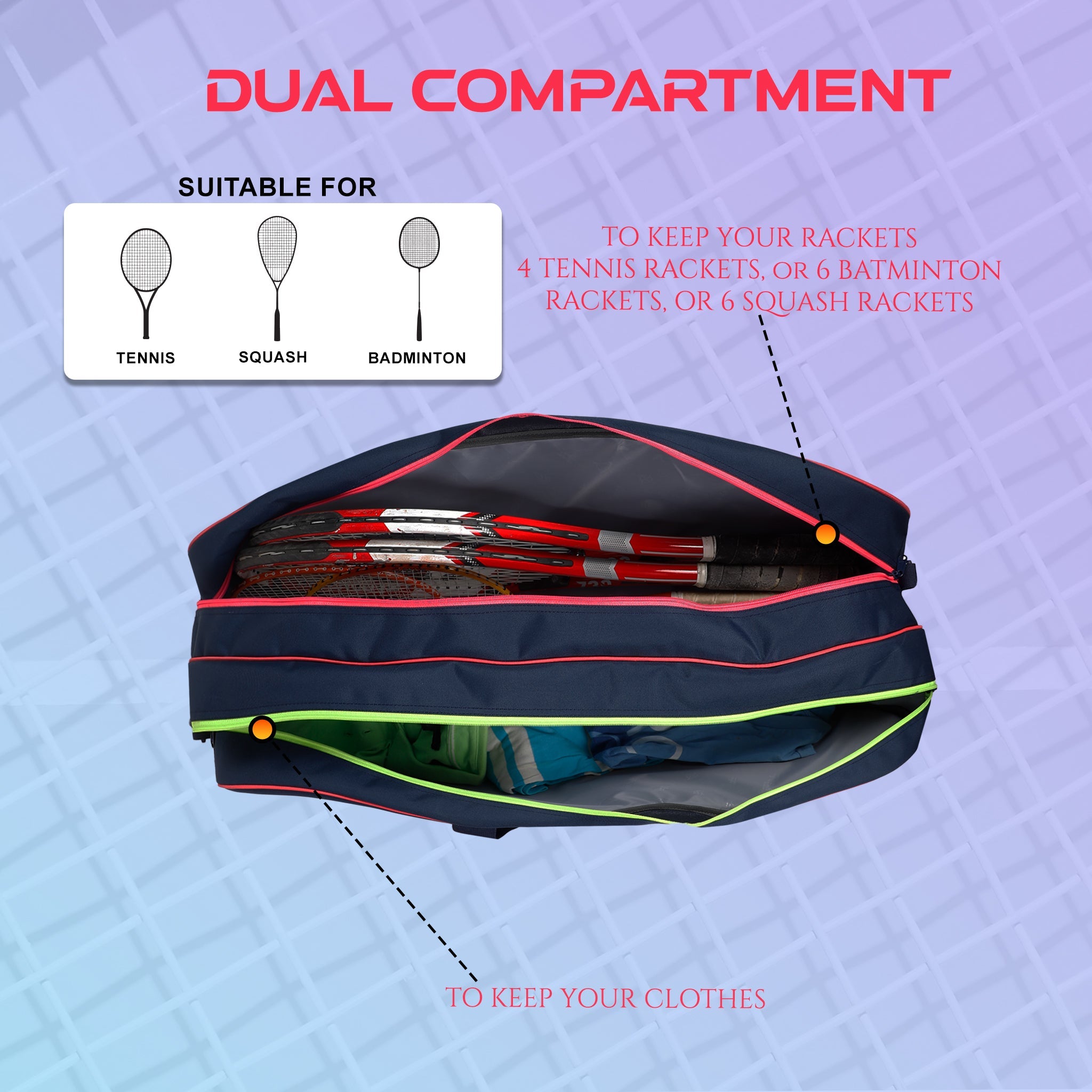 Rally Pink Navy |Unisex Lightwieght Stylish Tennis Badminton Squash Shuttle Equipment Kit Cover Bag |2 Spacious Compartments|Backpack & Duffel Racket Tennis-4 Badminton-6