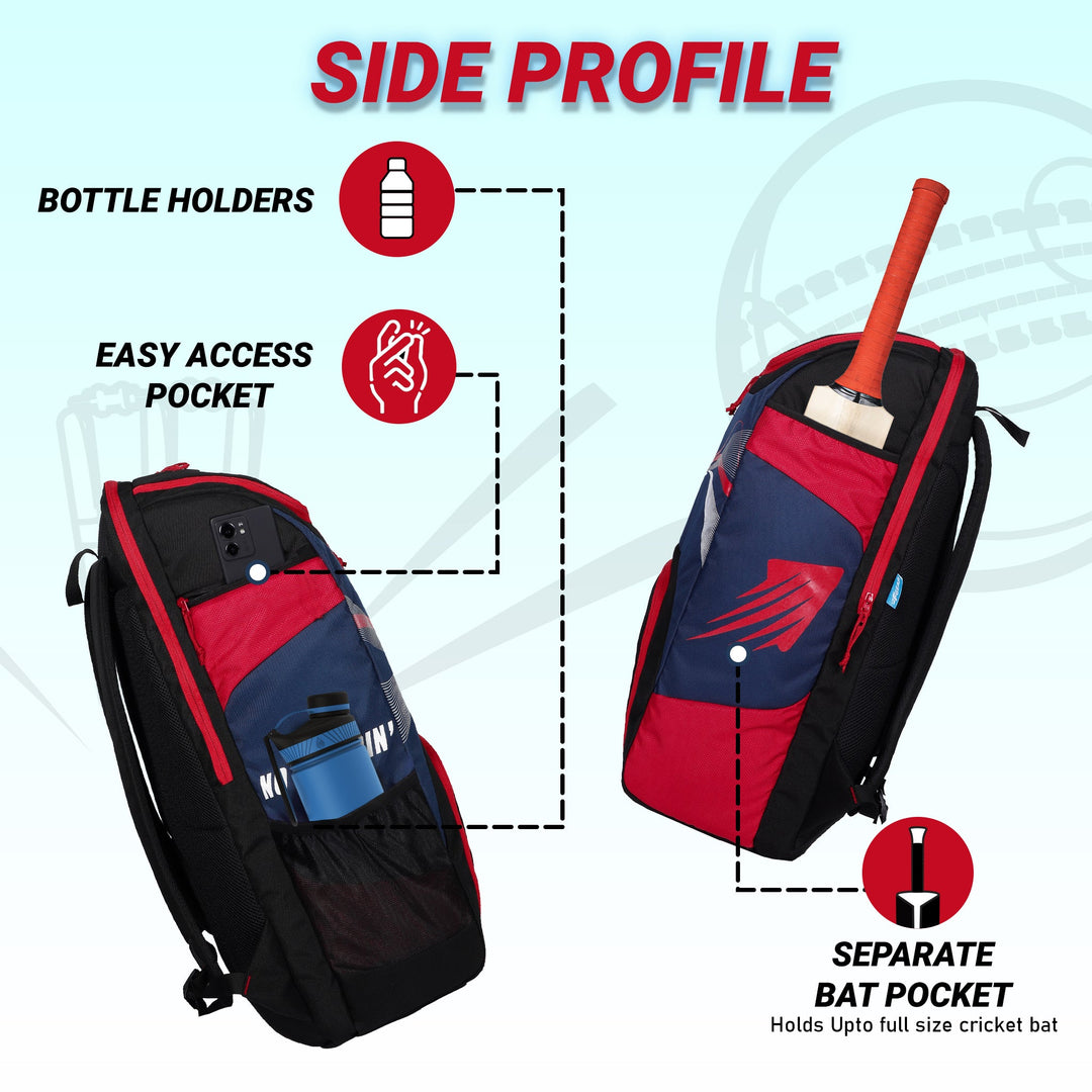 Bradman Blue Red Cricket Kitbag for Youth |Player Edition 2 Bat Pocket Shoe Pocket |Big Main Comp Fit 15.5 inch Leg Pad |Bottle Holders |Easy Access Pocket