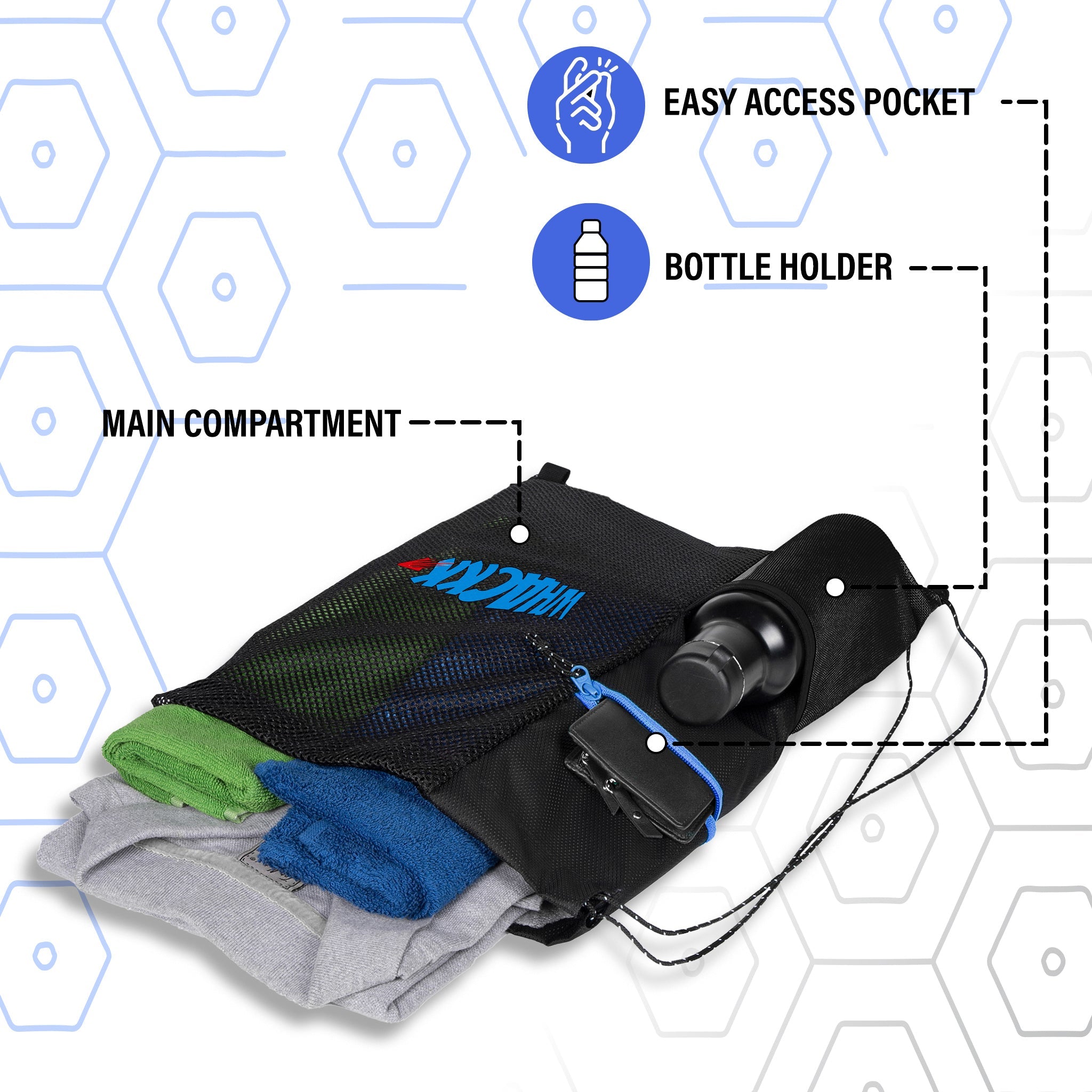 Joss 9L Black |Sports Bag|Swimming Equipment Bags|Netball Bags|Dry Bags|Drawstring Bag for Shoes & Clothes|Sports Gear|Accessory Pocket |Gym Bag |Tuition Bag|1 Bottle Holder