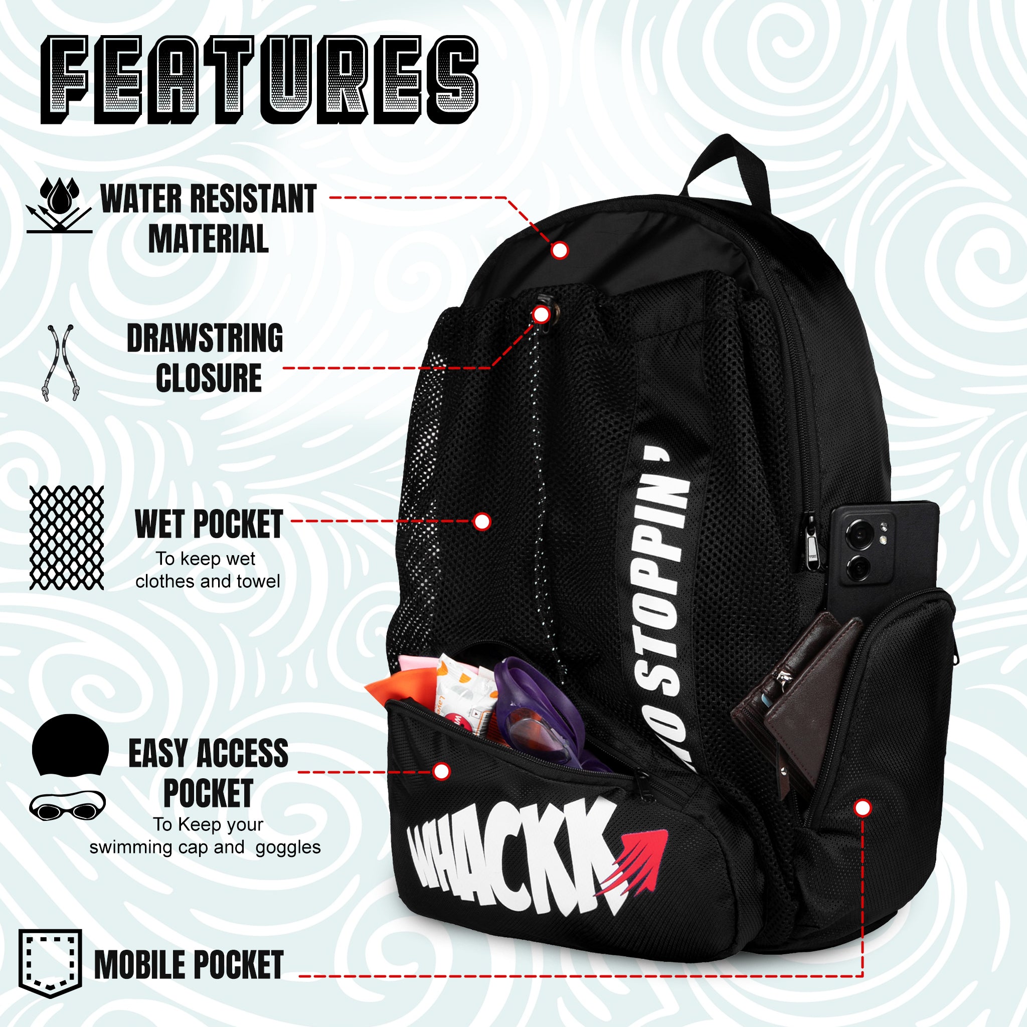 Dolphin Black 26L Unisex Swimming Gym Equipment Backpack |Diving Surfing Sports Bag|Separate Wet Dry Compart|Pocket for Cap & Goggles|Lightweight|Water Resistant|for Men Women