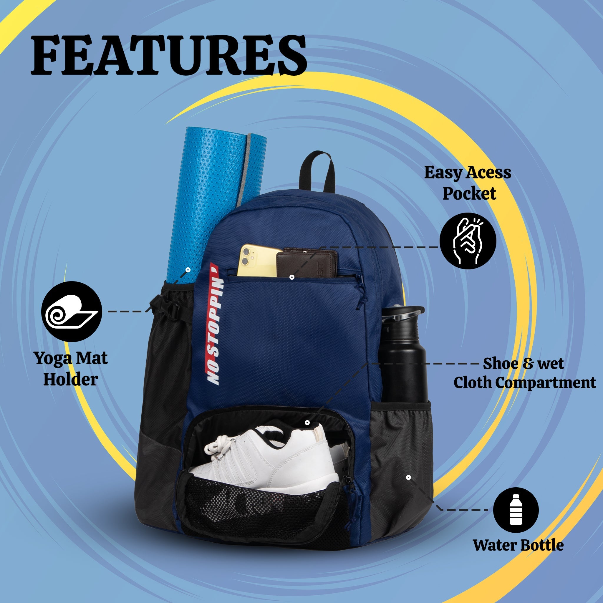 Plank Navy Black 30L Meditation Yoga Aerobics Exercise Gym Mat Carrier Bag Backpack Yoga mat Holder 1 Easy Access Pocket Shoe/Wet Compartment 1 Bottle Holder Padded Shoulder Strap for Men Women