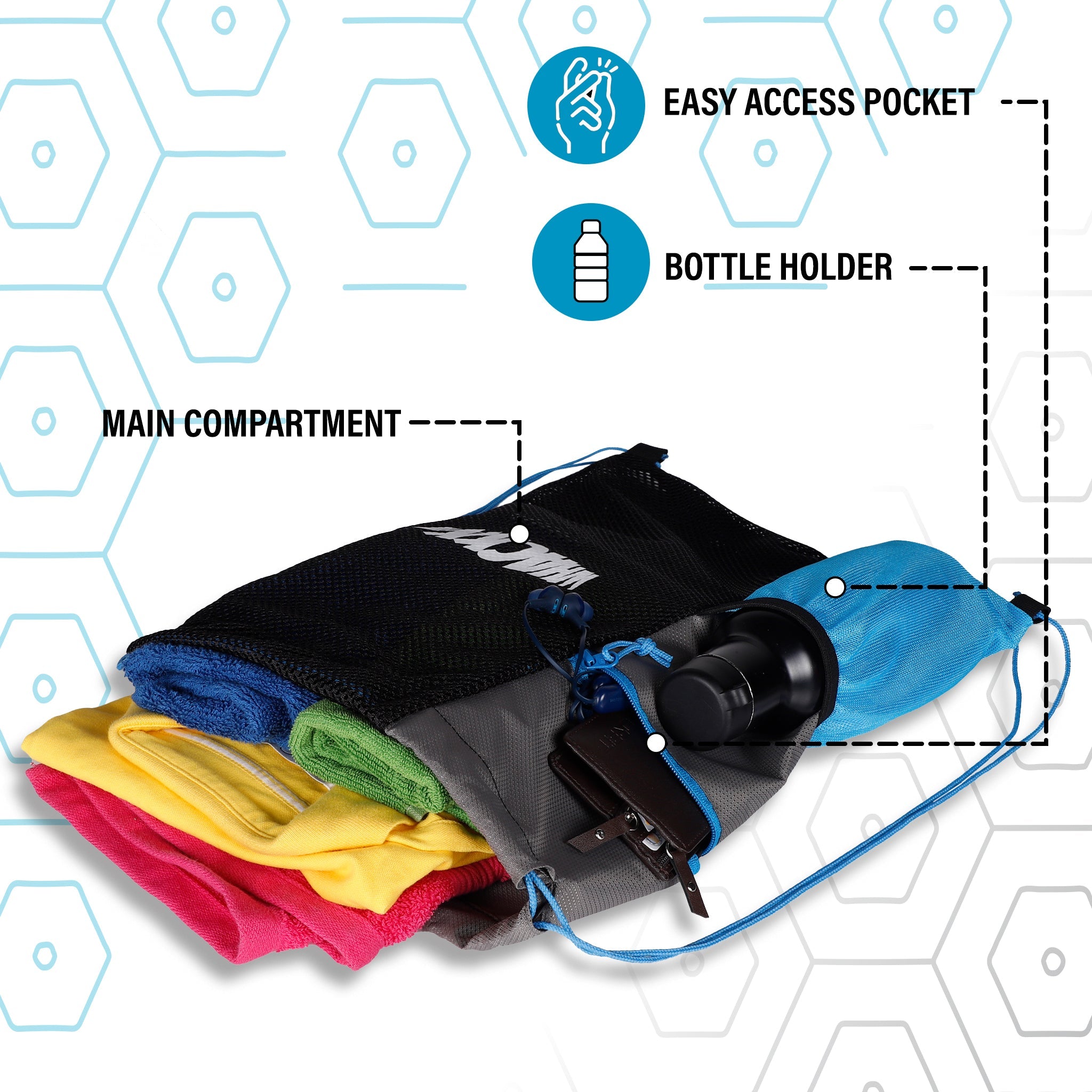 Joss Blue Grey 9L|Sports Bag|Swimming Equipment Bags|Netball Bags|Dry Bags|Drawstring Bag for Shoes & Clothes|Sports Gear|Accessory Pocket |Gym Bag |Tuition Bag|1 Bottle Holder