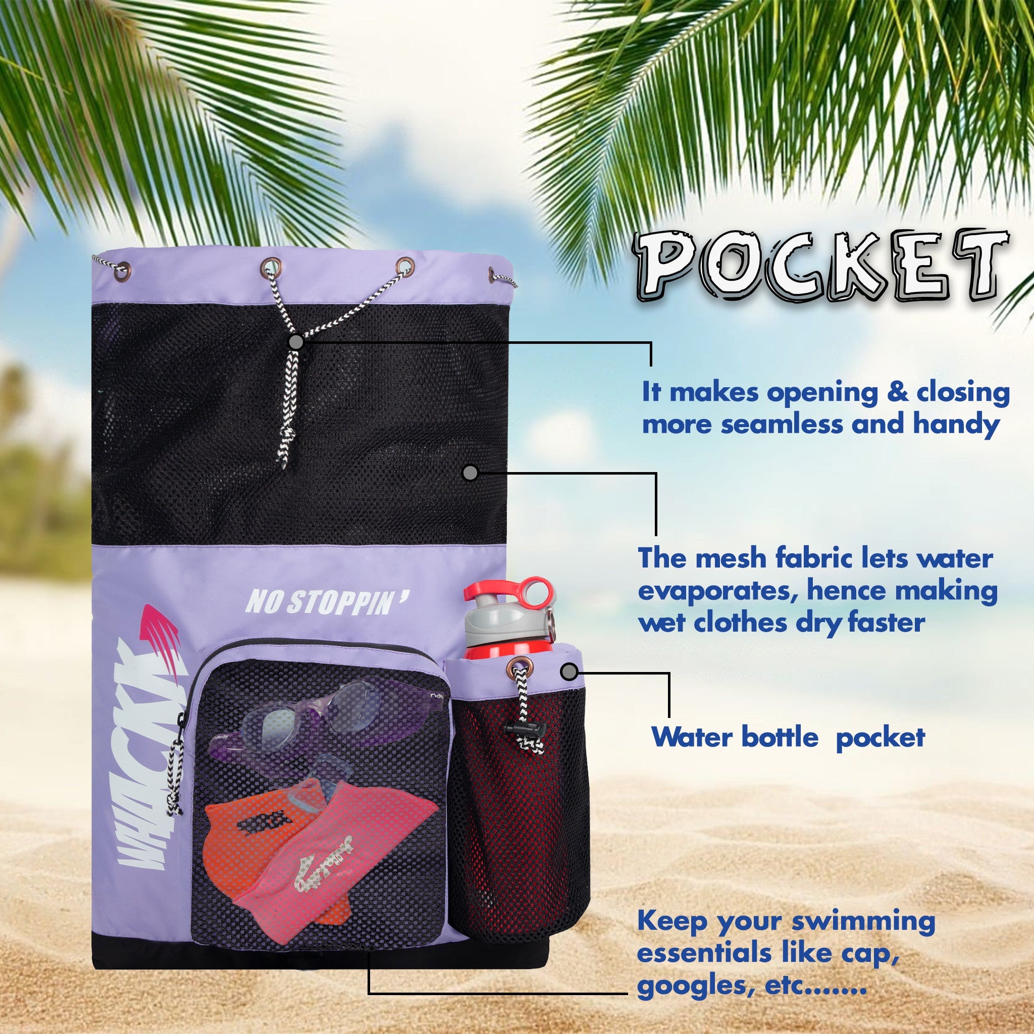 Aqua Lavender Unisex Swimming Bag |Water Sports |Dry Bags |Wet Pocket |Accessories |Beach Bag |Storage Swim Gym Gears |Drawstring Backpack |Netball Backpack | Pocket for Cap and Goggles