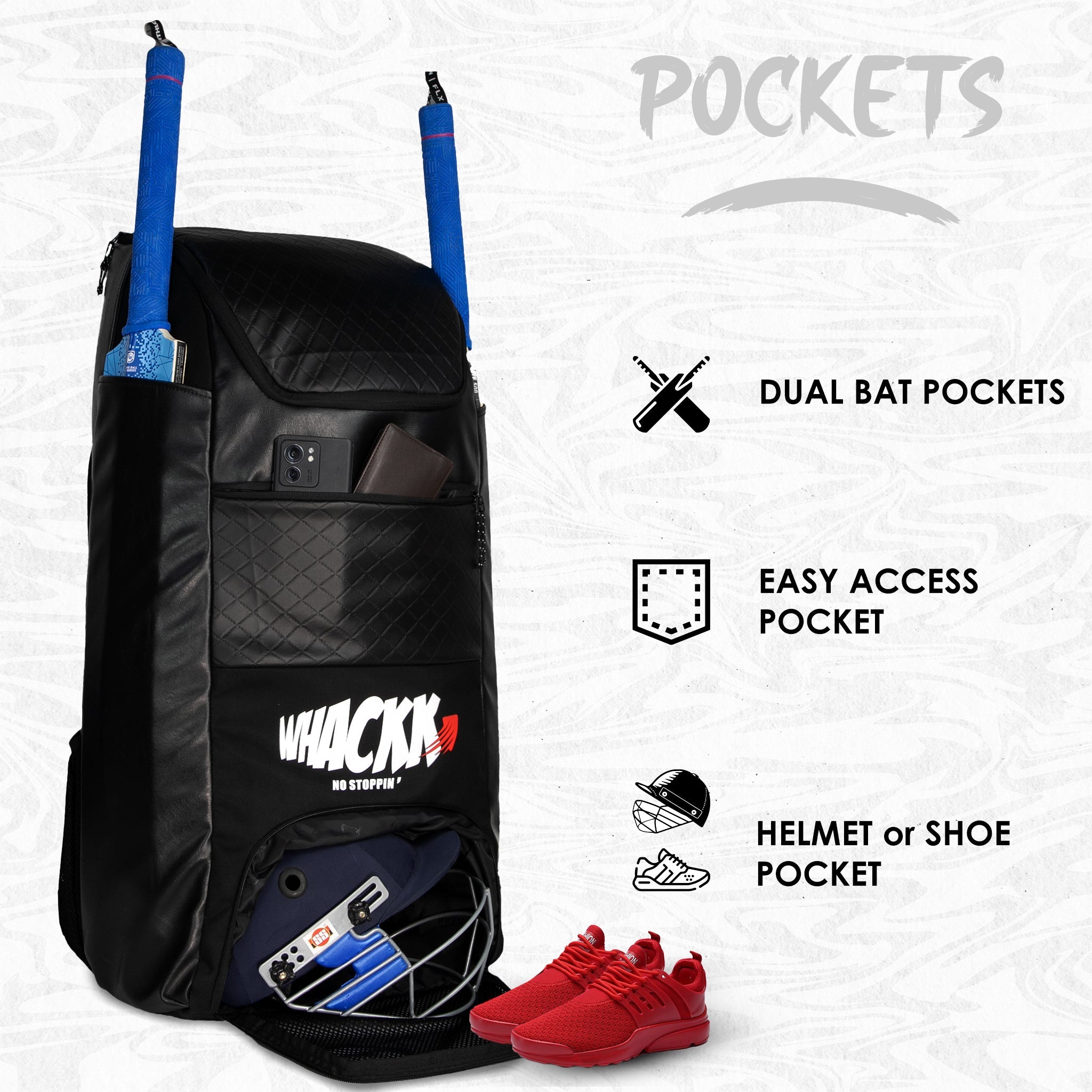 Lara Blk 72L | Premium Artificial Vegan Faux Leather Cricket Backpack|KitBag|Adult Size|2 Bat Pocket|Shoe/Helmet Pocket|Fit 18" Leg Pad 2 Bottle Holder|Easy Access|Player Senior,Black